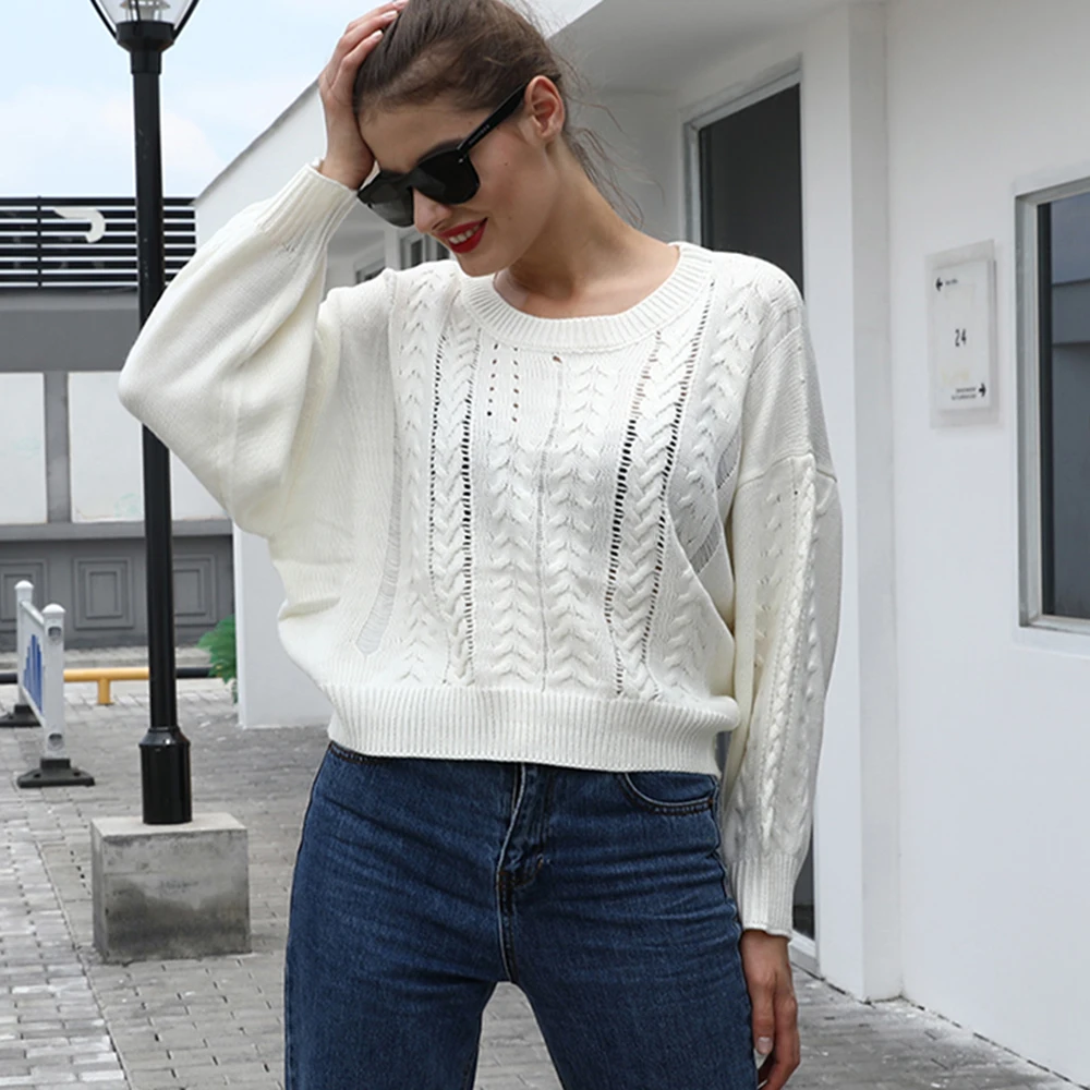 Women Knitted White Sweaters Casual Long Sleeve Twist Pullover Sweater Solid Loose Jumpers Knitwear Fashion Fall Winter Clothes | Женская