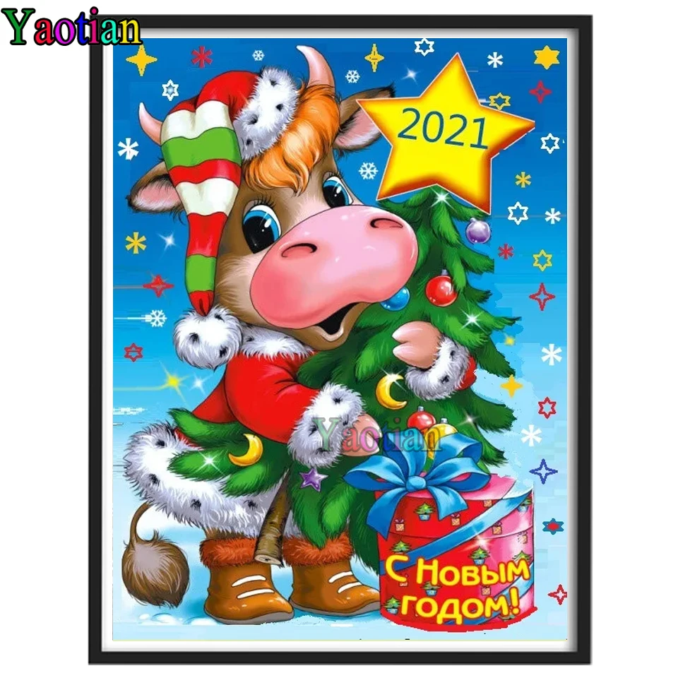 

5D алмазная живопись «сделай сам», полностью круглые алмазные наборы для вышивки крестиком, мультяшная Милая корова, Рождественский Бриллиа...