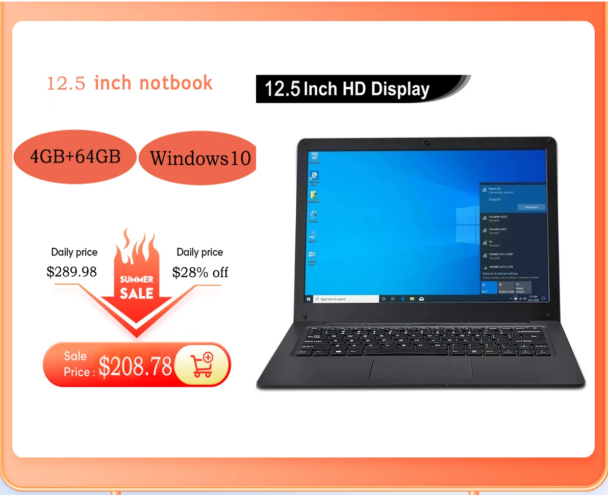 

Fast Netbook 12.5 inch Lightweight And Ultra-Thin 4GB+64GB Lapbook Laptop Intel N3350 64-Bit Quad Core Netbook Windows 10