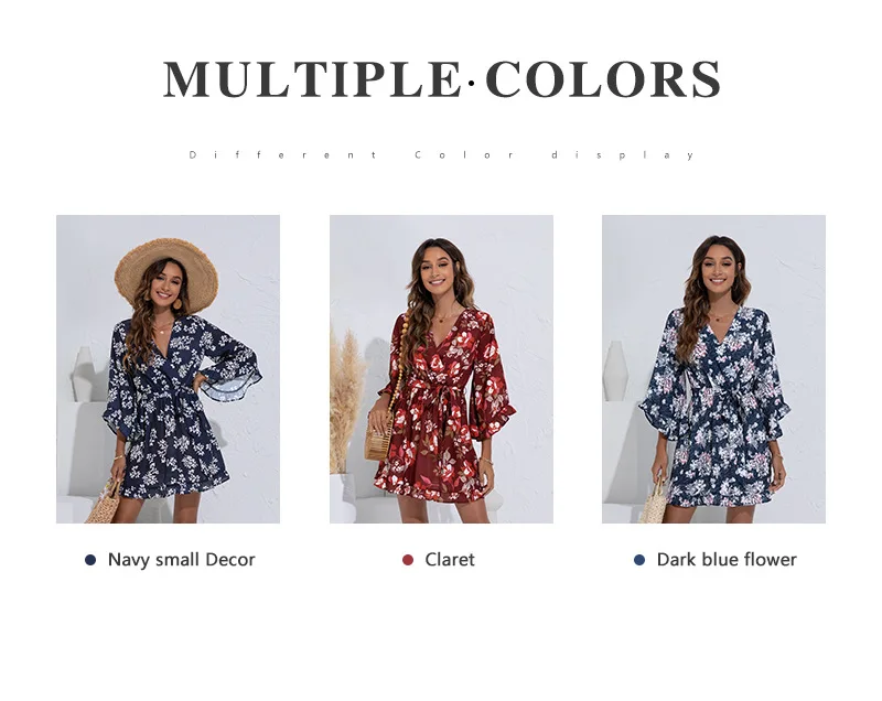 

Summer Fashion V-neck Belt Dress 2XL Code Dress Tied Waist Short Skirt Printed Polyester Loose Dress Ruffled Sexy Women's Dress