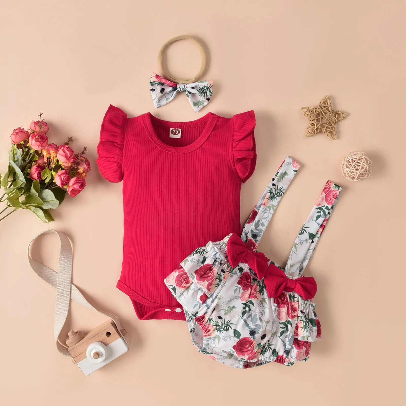 

Baby Clothes New Born Summer Sets Toddler Girls Solid Tops+ruffle Floral Print Suspender Shorts Outfits baby girl clothes Sets