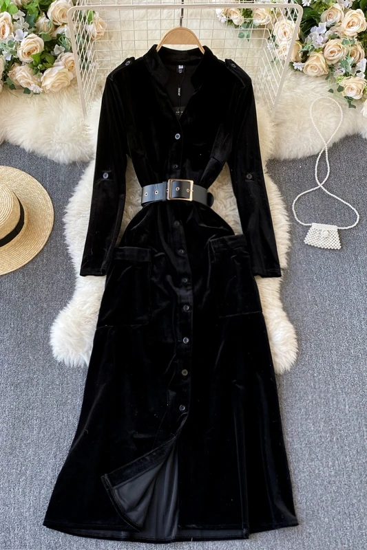 

2021 Spring Korea Fashion Women Vintage Slim Black Stand Collar Long Sleeve Dress Vestido De Mujer J198