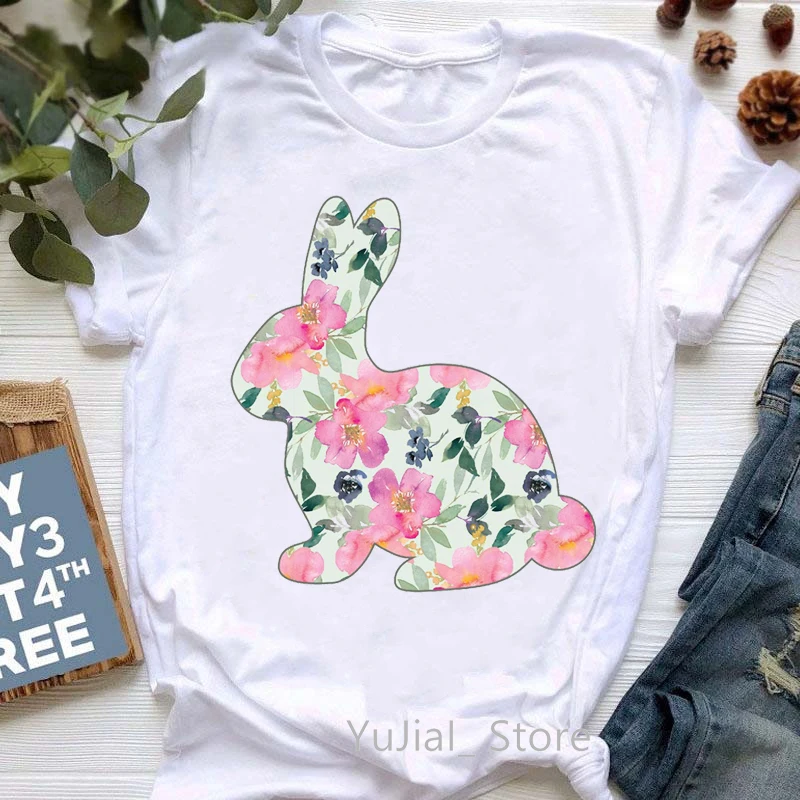 

Футболка Kawaii Bunny для девочек/женщин, футболка с розовыми цветами и кроликом, женская рубашка в стиле Харадзюку, летние модные топы, футболка, ...
