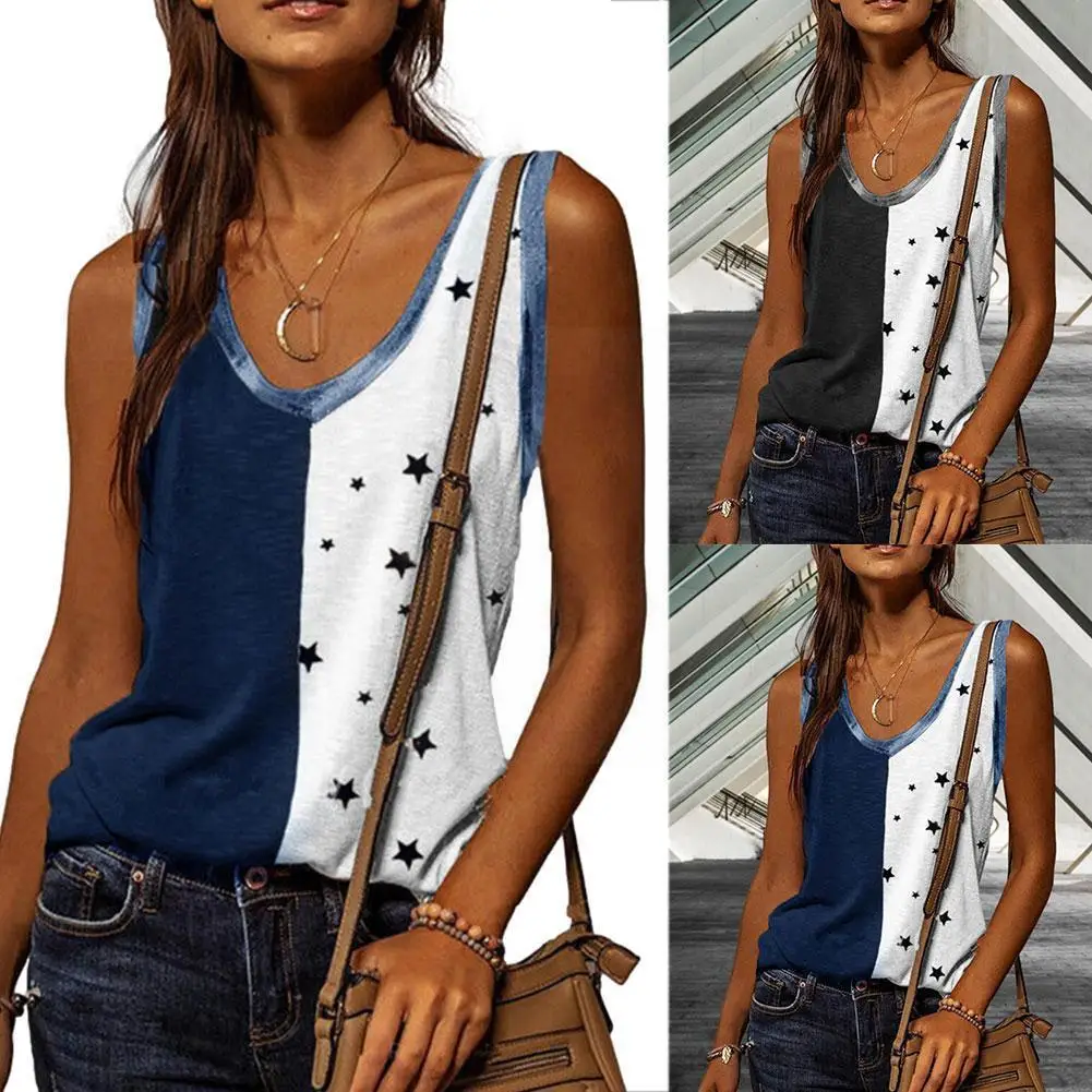 

2021 Summer Women's New Loose Hedging Casual U-Neck Print Hipster Sexy Comfortable Sleeveless T-Shirt Vest Street Star W4P6