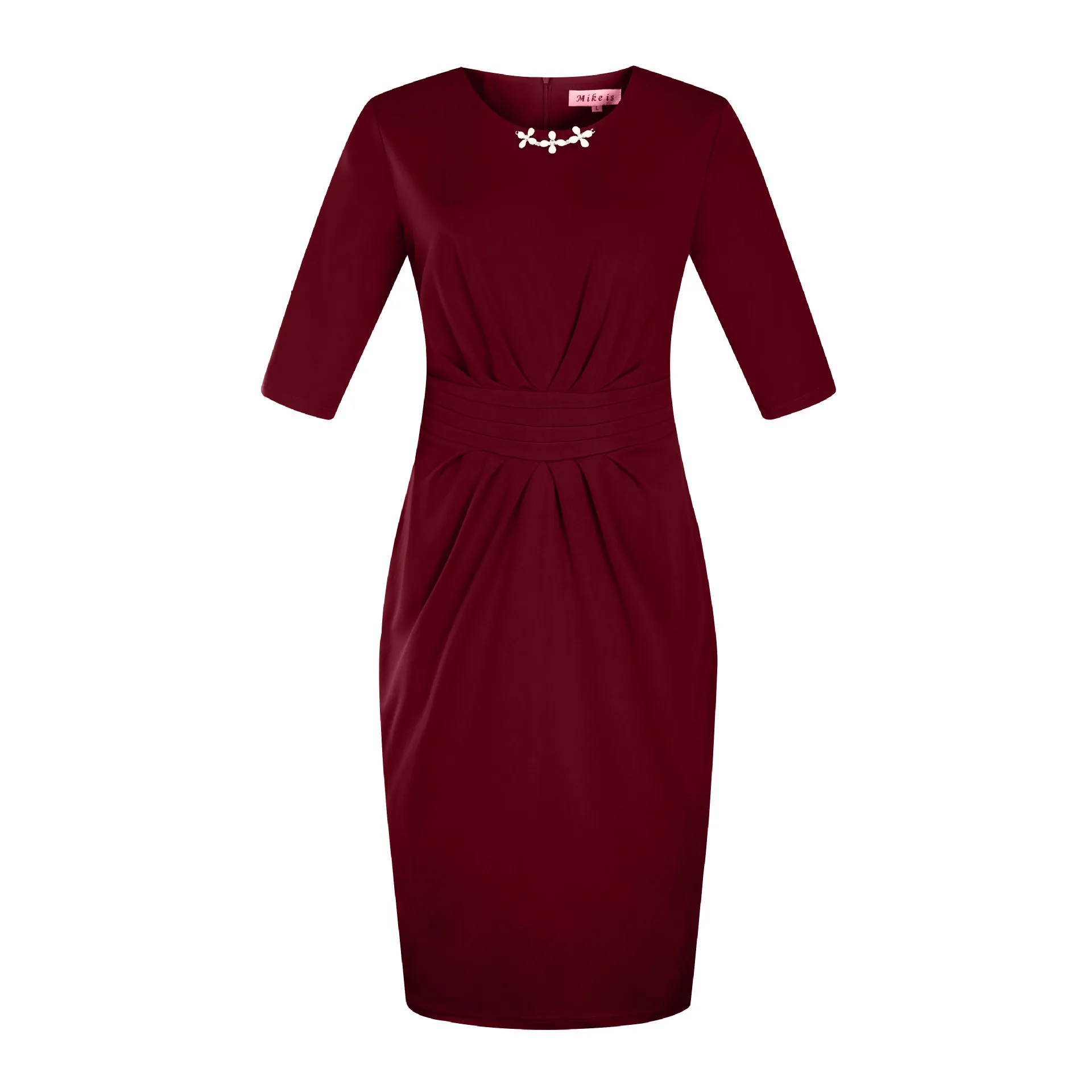 Женское платье-карандаш, осень, расшитое бисером, однотонное, Vestidos, на молнии, длиной до колен, Офисная ткань, размера плюс, женское платье, 4XL, 5XL, 6XL - Цвет: wine red