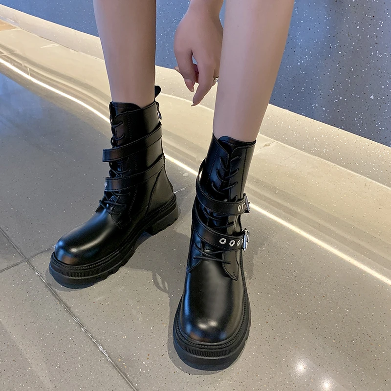 

Черные женские Ботинки Martin на платформе с металлической пряжкой в стиле панк, женская обувь, массивные ботильоны Botas De Mujer