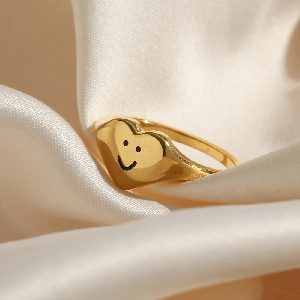 

Fashion Jewelry Enamel Solid Color Smiley Cute Rings Waterproof Matching Heart Ring Stainless Steel Gold Heart Rings For Women