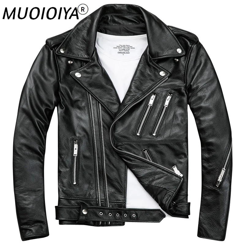 

2021 Black Men Biker's Leather Jacket Double Diagonal Zipper Genuine Thick Cowhide Slim Fit Short Motorcycle Coat FREE SHIPPING