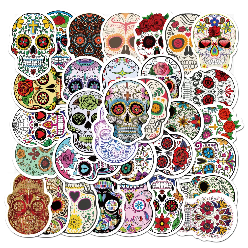 Pegatinas de calavera de az&uacute;car de dibujos animados para ni&ntilde;os, 50 Uds., pegatinas impermeables para monopat&iacute;n, guitarra, port&aacute;til, grafiti, PVC, calcoman&iacute;as de coche, juguete para ni&ntilde;os-2