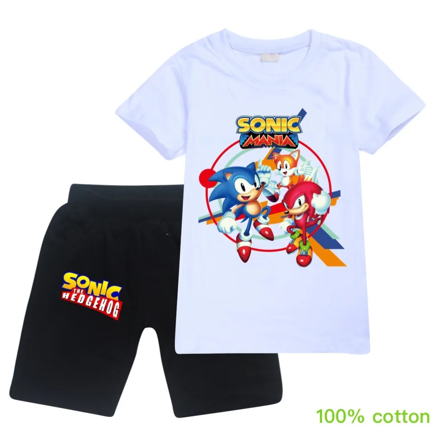 

2020 fashion 3D sonic hedgehog cartoon T-shirt for boys and girls summer casual short-sleeved children's wear pants 2pc suit