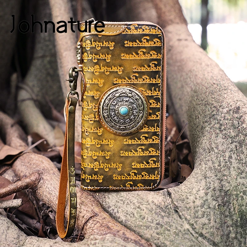 Johnature National Style First Layer Cow Leather Hand Wallet Men Women 2022 New Retro Tibetan Scripture Long Wallet Card Holder