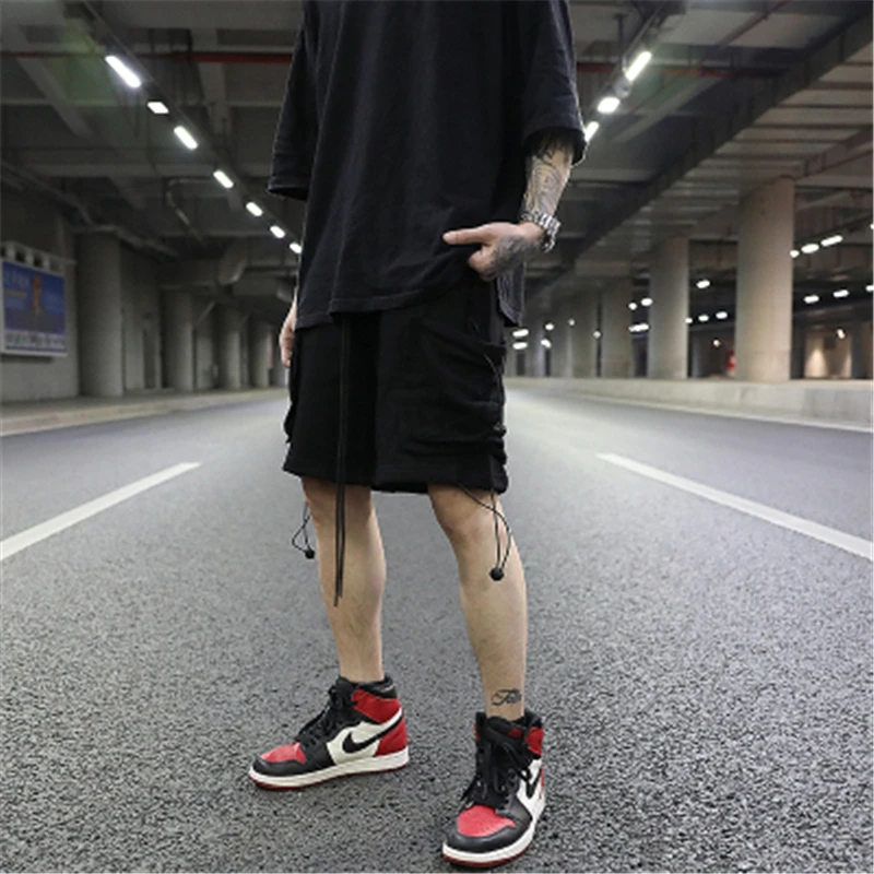 

High Street 2020ss Men Cotton Beach Shorts Gothic Casual Elastic Waist Pockets Solid Loose Outdoor Men Short Punk Rap Hip Hop
