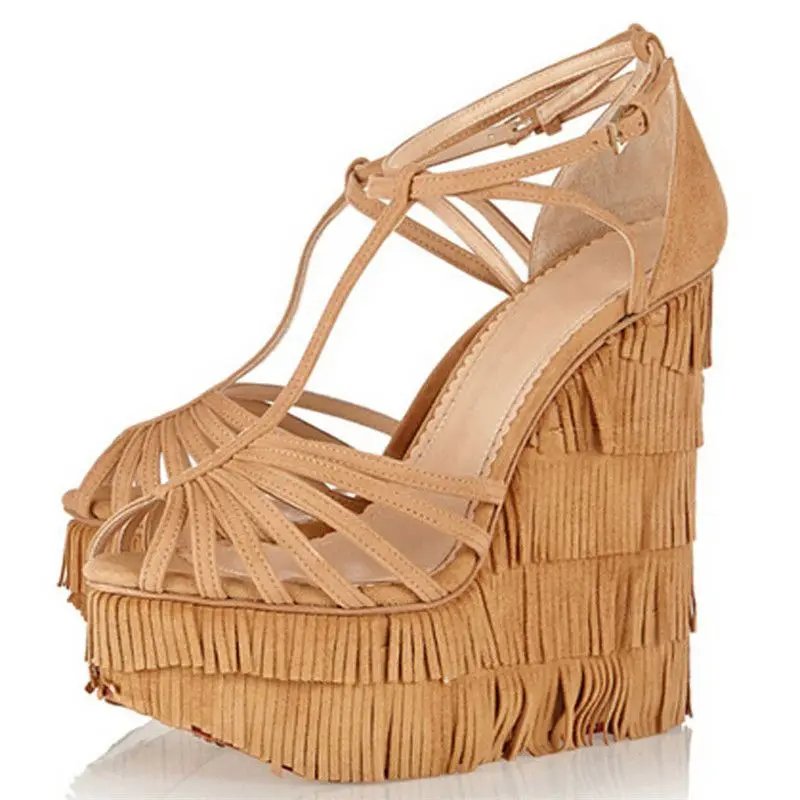 

new fashion cut-outs cross strap tassels wedge sandals high platform height increasing woman sandal shoes