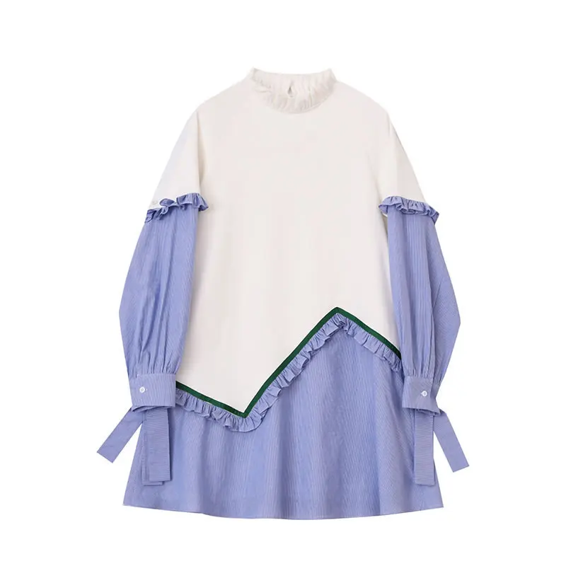 

XITAO Tide Plus Size Patchwork Ruffles Dress Women Clothes 2021 Spring Fashion Stand Collar Long Sleeve Elegant Dresses ZY6316