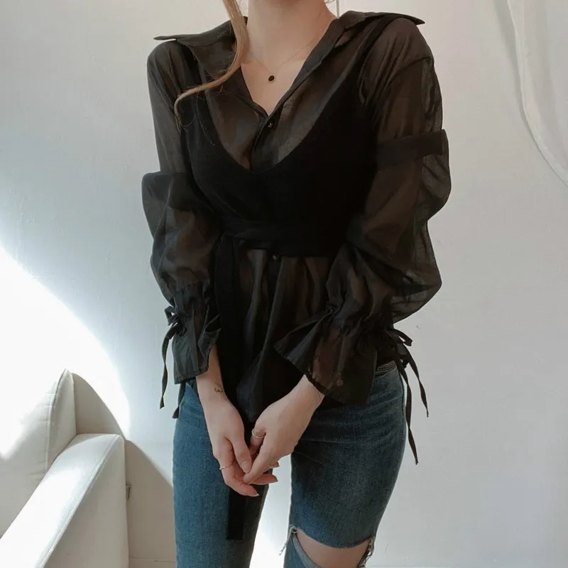 

Korean Turn Down Collar Long Sleeve Single Breast Blouse Slim Waist Lace Up Solid Blusas Spring 2021 New Shirt Feminino