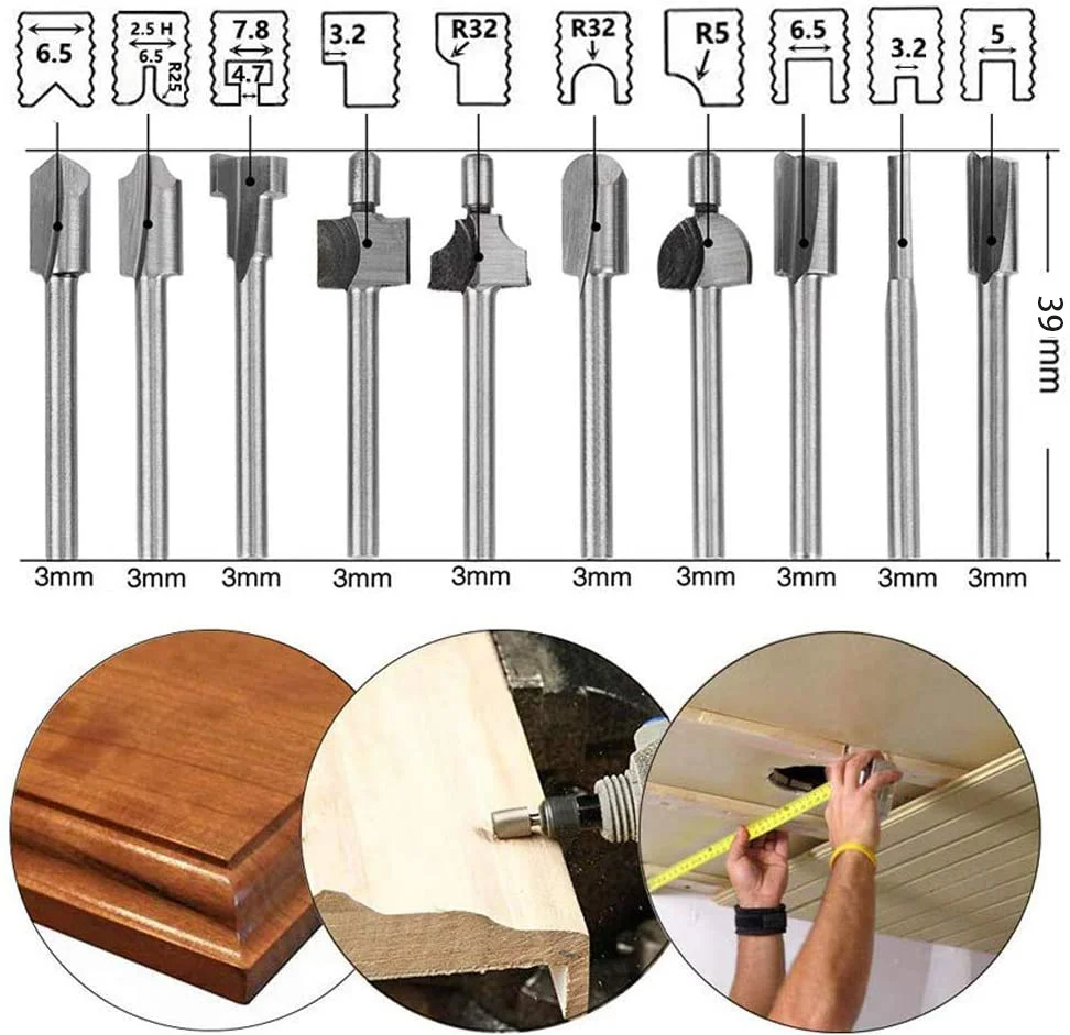

10pcs/set Wood Cutter Milling Router Bits Single Flute Tool 1/8" 3mm Shank Carpentry Router Bits For Rotary Tools DIY