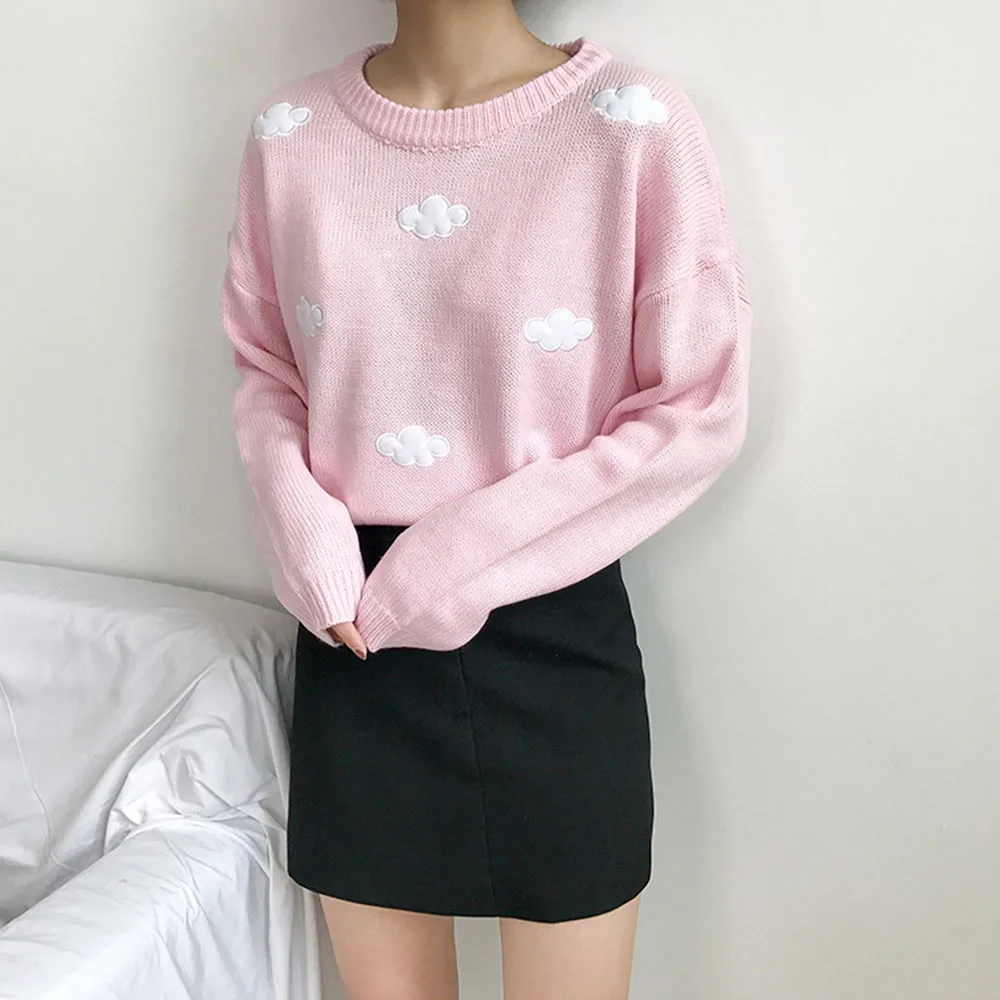 Women's Clothing Cute Kawaii Thick Loose Clouds Embroidery Sweater Lady Harajuku Ulzzang Sweaters For Women Knitted | Женская одежда