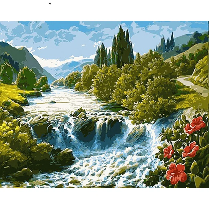 Waterfall Forest Paint By Numbers Coloring Hand Painted Home Decor Kits Drawing Canvas DIY Oil Painting Pictures By Numbers