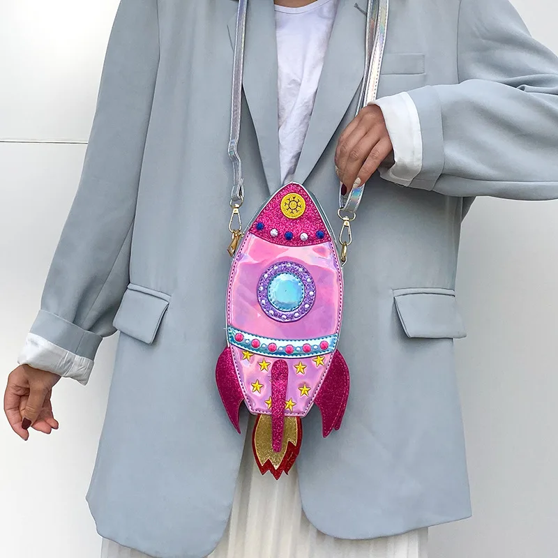 

New European and American Fashion Creativity Funny Personality Laser Sequin Spaceship Rocket Shape Messenger Bag Female
