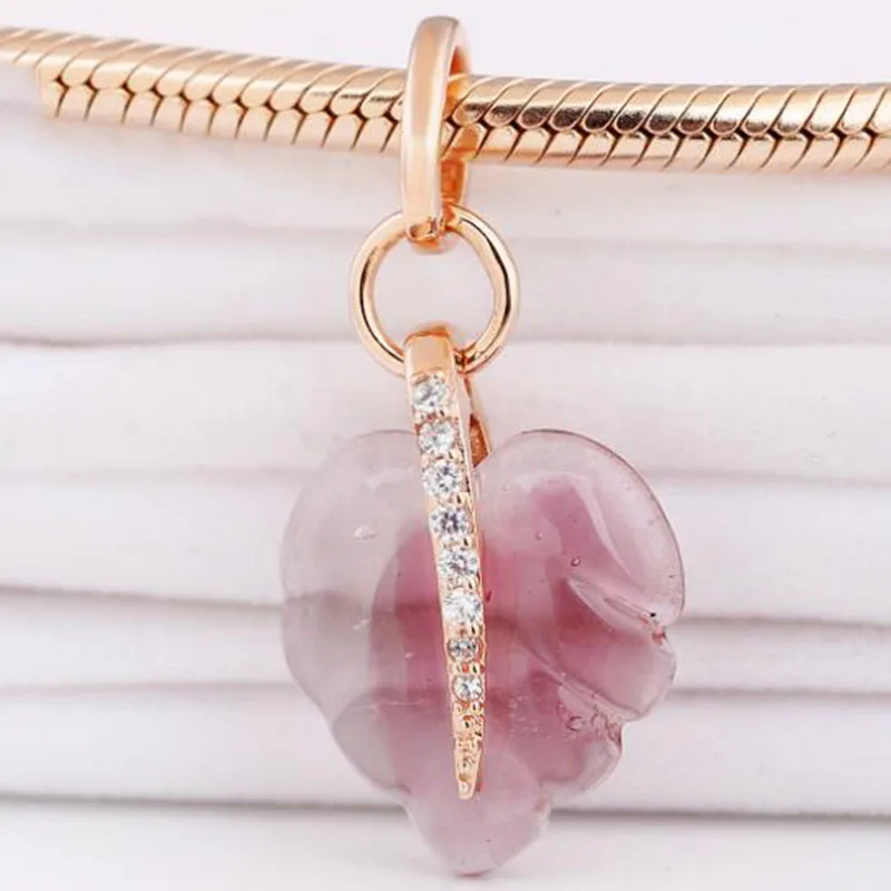 

100% 925 Sterling Silver Charm New Rose Gold Glazed Falling Leaf Pendant Fit Pandora Women Bracelet & Necklace Diy Jewelry