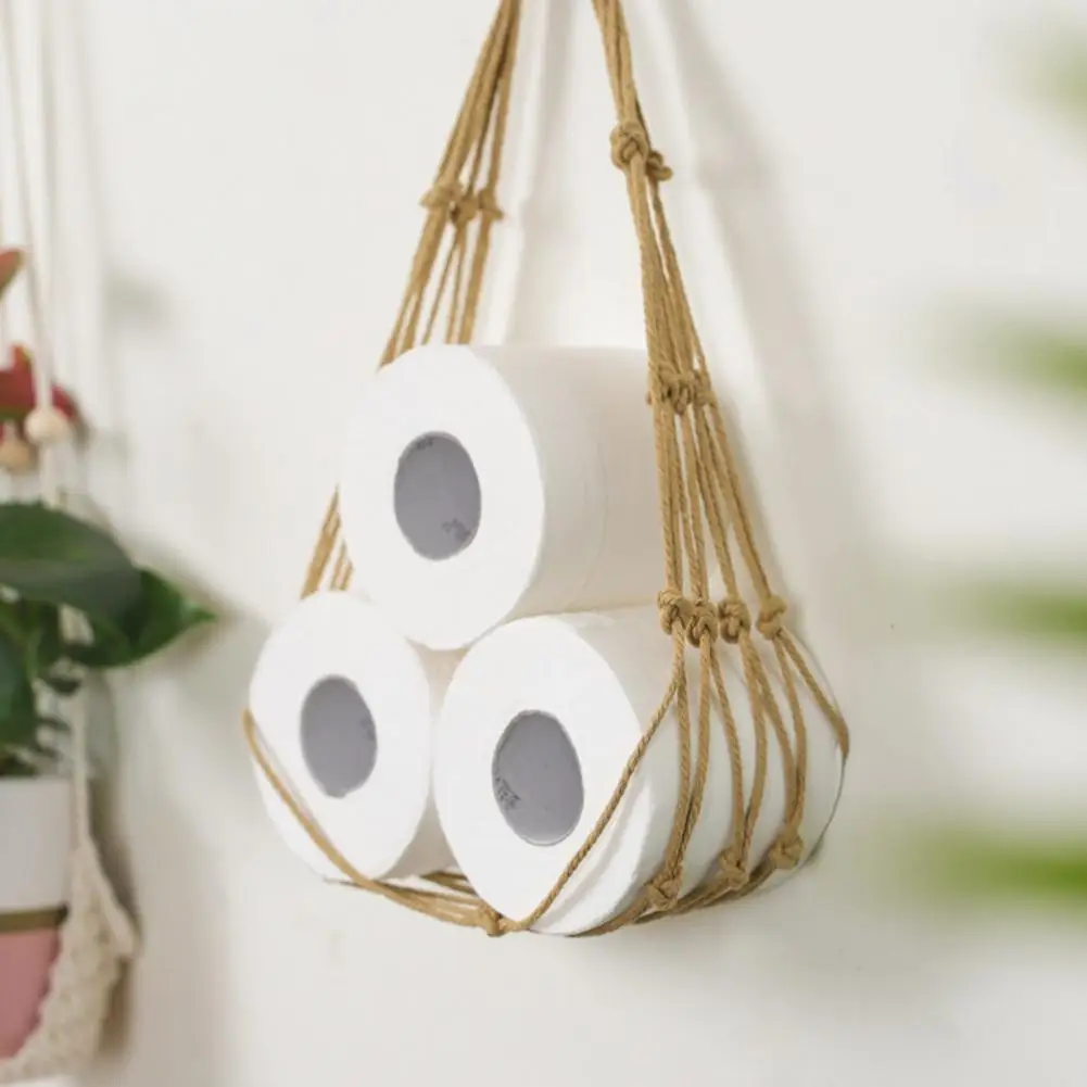 

Hanging Storage Bag Hollow Space-Saving Cotton Line Toilet Paper Rope Bag for Home
