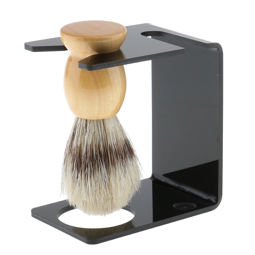 Wood Shaving Brush + Black Plastic Stand Stainless Steel Smooth Surface Bowl Cup Soap Set for Men Barber |