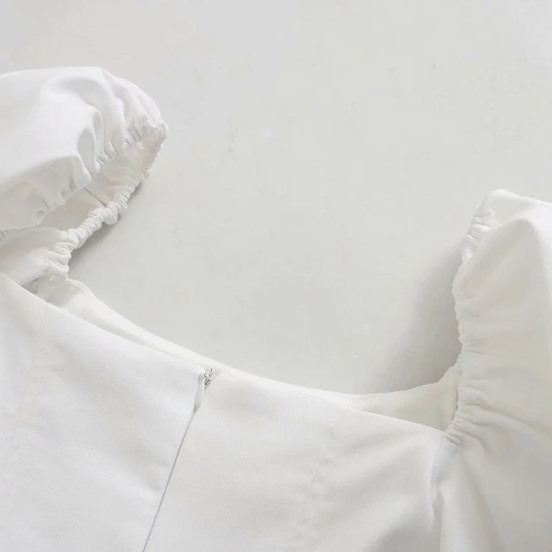 

New Arrivals Elegant White Mini Dress Women White Puff Sleeve Pleated Party Dress Square Collar Wedding Tunic Dress Vestidos