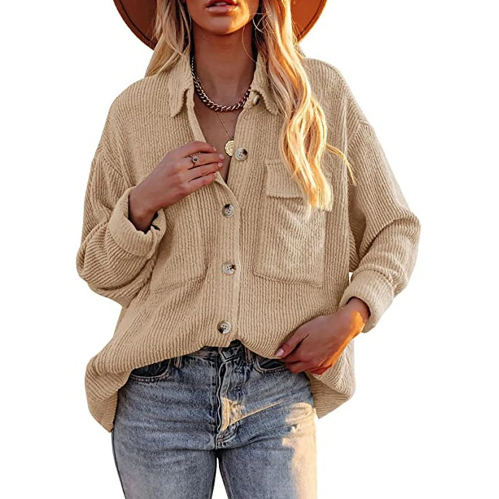 

Jacket Down Shirt Button Long Collared Solid Sleeve Casual Color Jacket Corduroy Womens Pocket Women's Coat