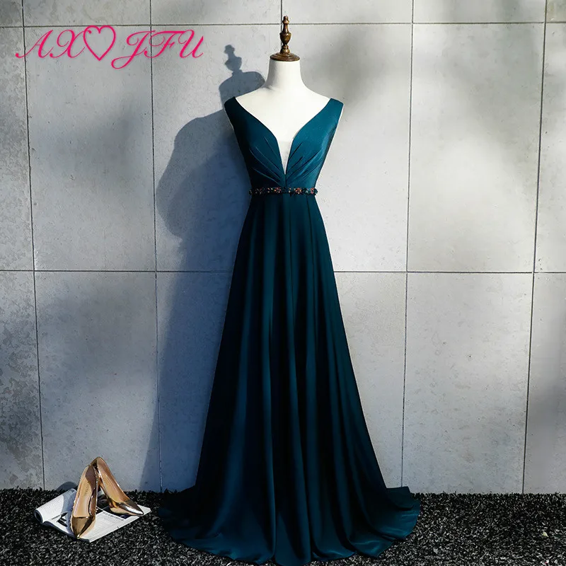 

AXJFU luxury princess orange satin bride evening dress vintage v neck wine red sleeveless beading crystal black evening dress