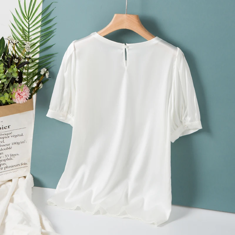 

100% Heavy Silk Women's Shirt O Neck Short Sleeves Pullover Fashion T Shirt Blouse Tops