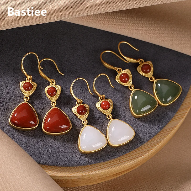 Bastiee Geometric 925 Sterling Silver Earrings For Women Luxury Jewelry Chinese Drop Dangle Earing Jade Red Agate Gold Plated