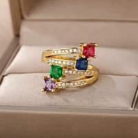 boho colored squre zircon rings for women girls open twisted geometric finger rings stainless steel jewelry wedding gift