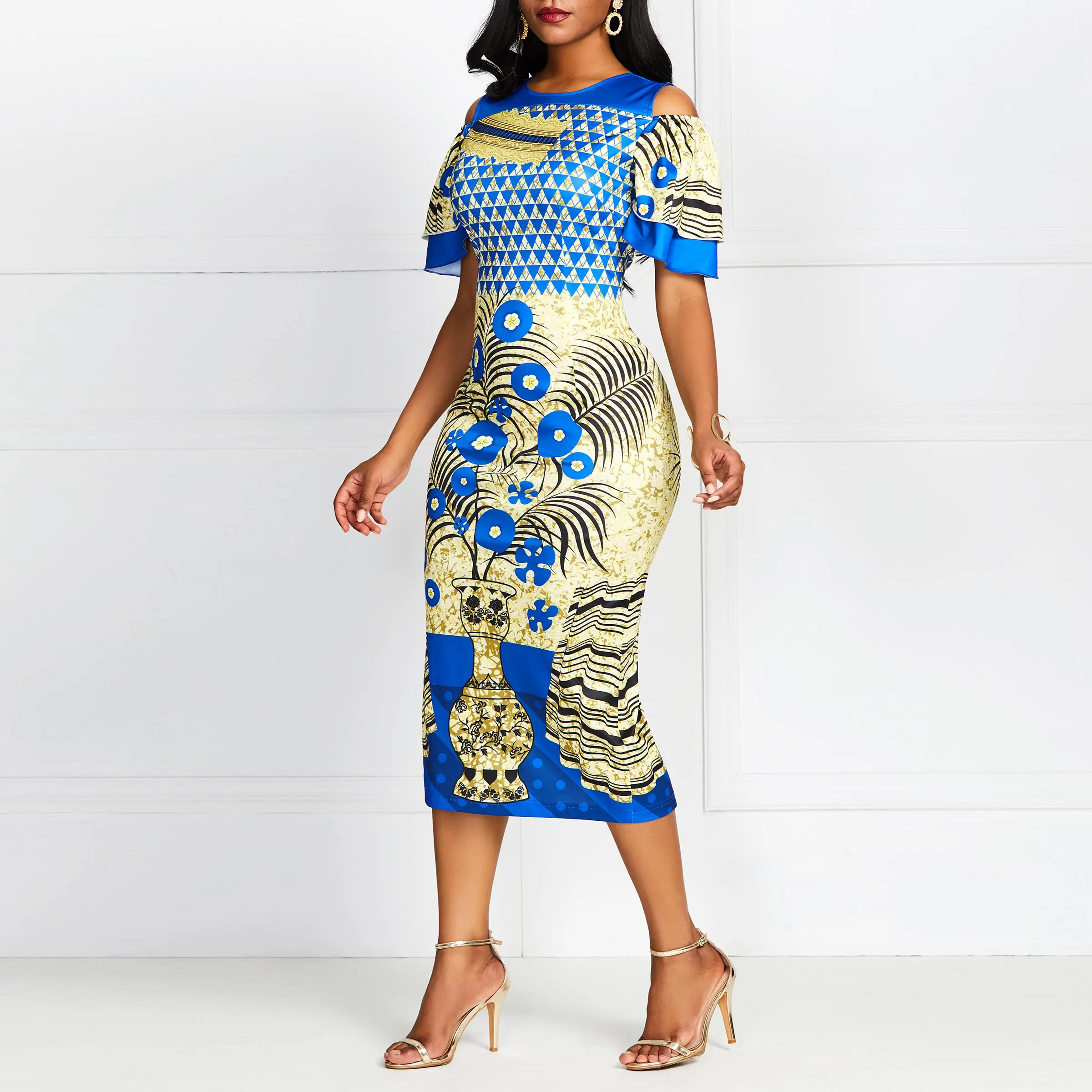 Off Shoulder Party Bodycon Dress Elegant Evening Women Ethnic Floral Color Print Stylish Ruffle Summer 2019 Sexy African Dresses | Женская