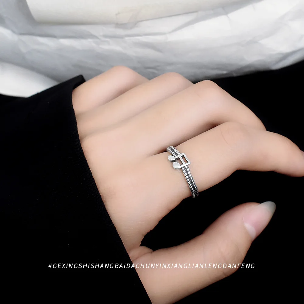 

Real 925 Sterling Silver Vintage Music Note Ring Thai Silver Retro Open Adjustable Rings Hypoallergenic Jewelry for Women