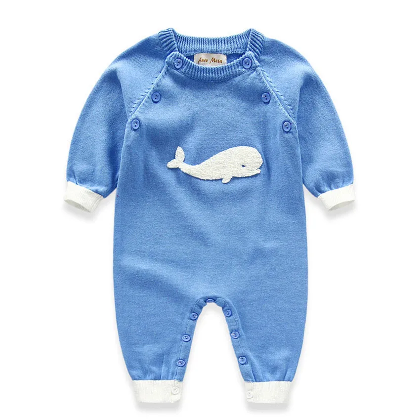 Милый детский вязаный комбинезон голубой Цельный Мягкий с дельфином для