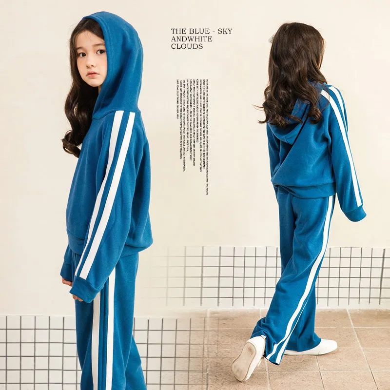 

Girls Sports Suits 2021 Spring New Teenage Clothing Striped Pullover Hooded Casual Pants Two Pieces Children's Tracksuit 10 12 Y