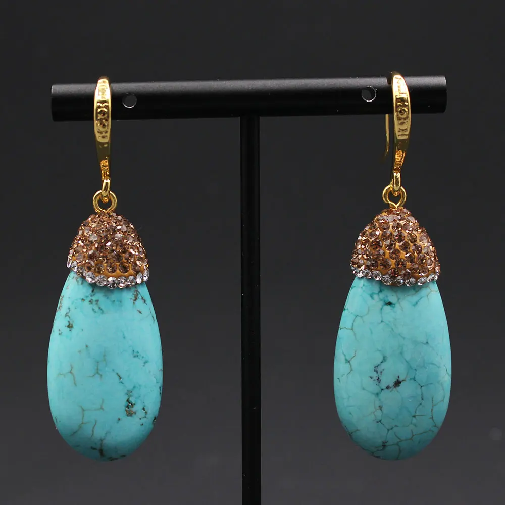 

GG Jewelry Teardrop Blue Turquoises Golden Macarsite Gold Plated Stud Dangle Earrings For Lady Fashion Jewelry