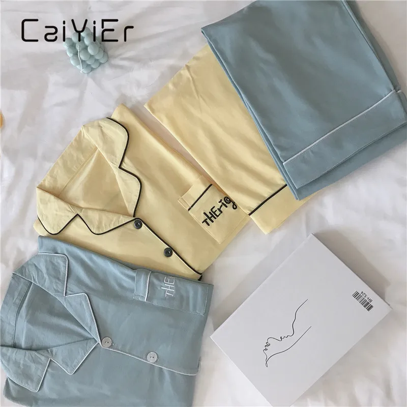 CAIYIER Couple Winter Pajamas Set Soild Colorful Cotton Nightwear Leisure Long Sleeve Men & Women Loves Sleepwear Pijamas Mujer