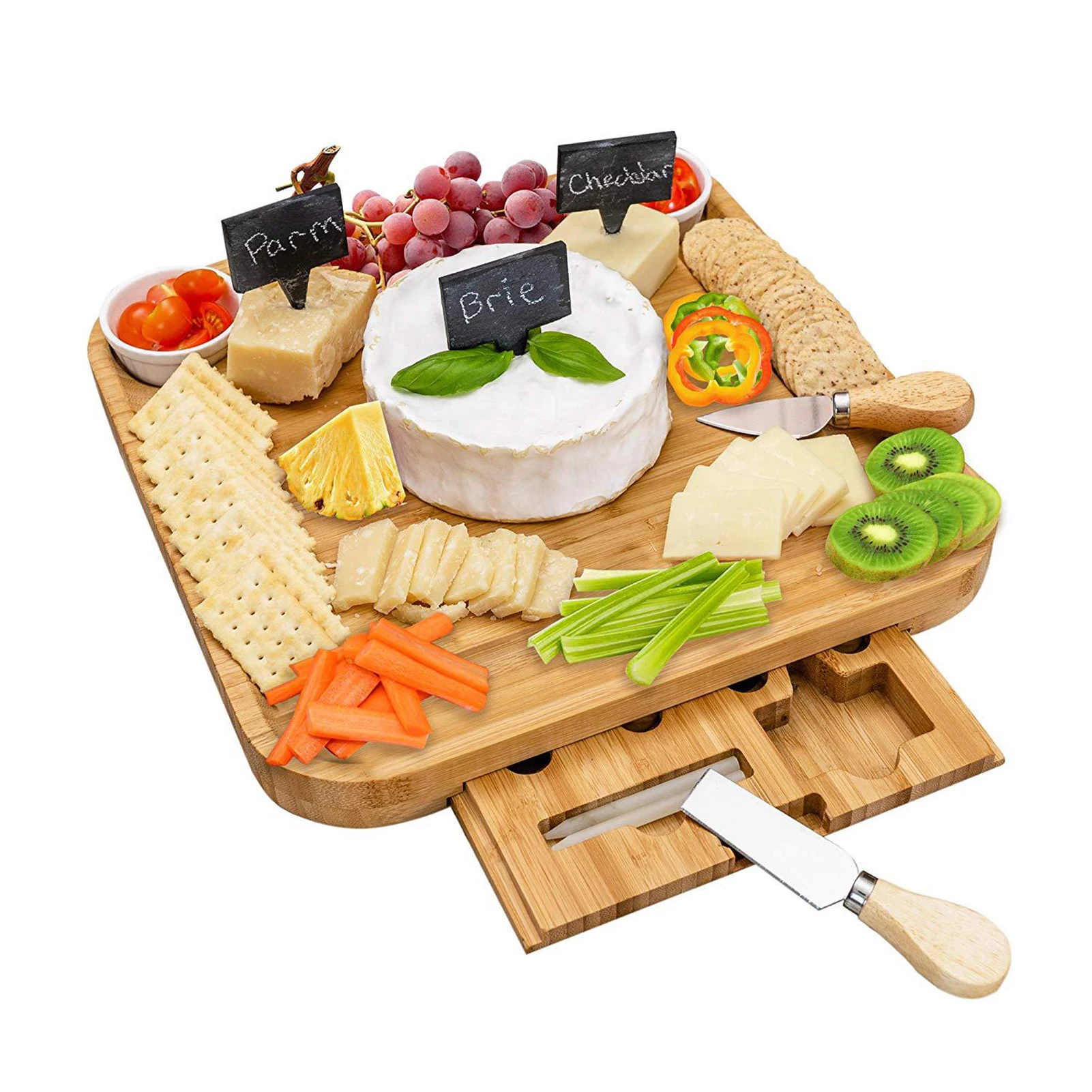 Bamboo Cheese Board Cutlery Knif Set With Slide Out Drawer 4 Knives Sets Cooking Tools Knife Slicer Fork Scoop Cut | Дом и сад