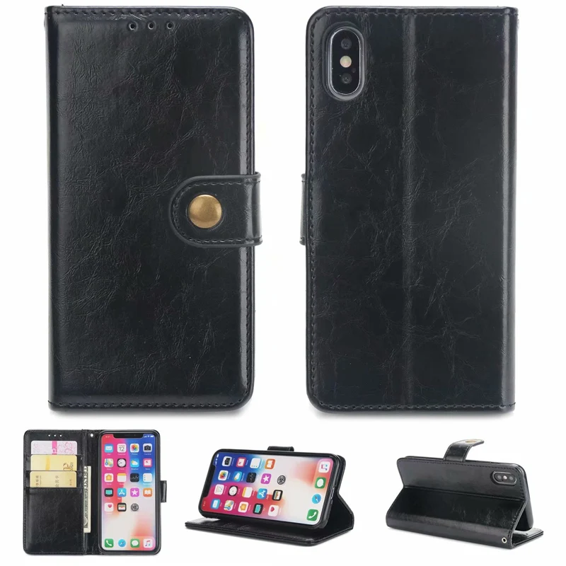 Чехол-книжка для iPhone 7, 8 Plus, XS, X, 6 S, 6, SE, 5S, 5, кожаный чехол, роскошный чехол, подставка, металлическая кнопка, чехол-книжка, кошелек, Hoesje - Цвет: Black