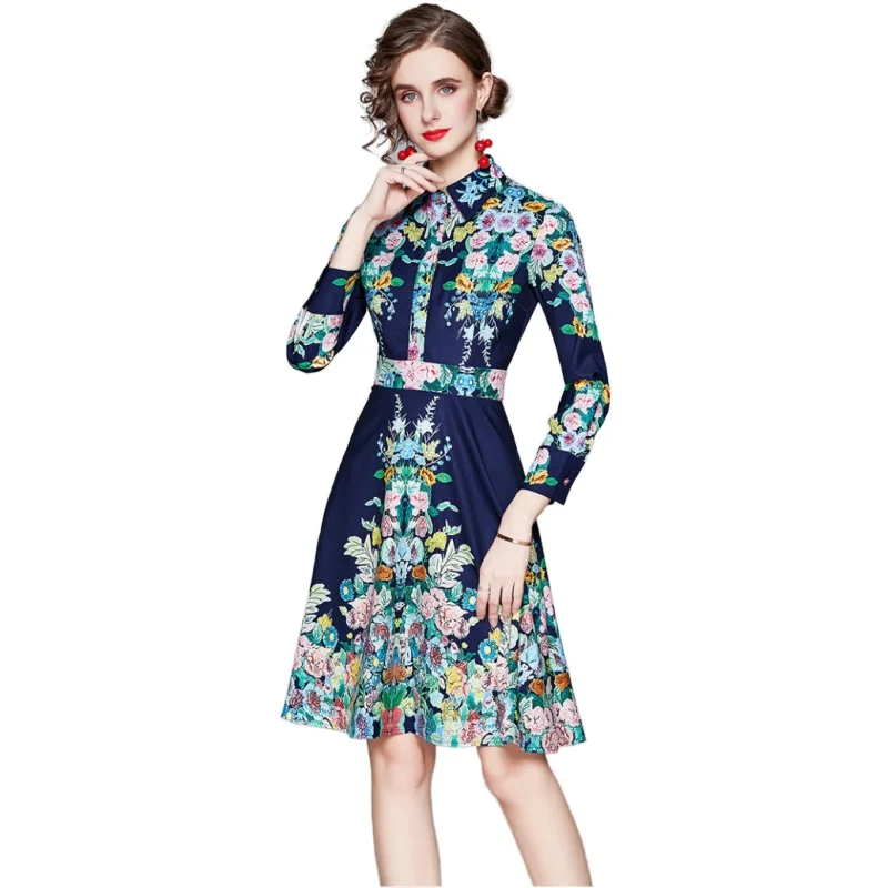 

Simgent Elegant Blouse Dress Womens Vintage Floral Print Skater Dress Dark Blue Women Clothes Femme Robe Vestidos Jurk SG010225
