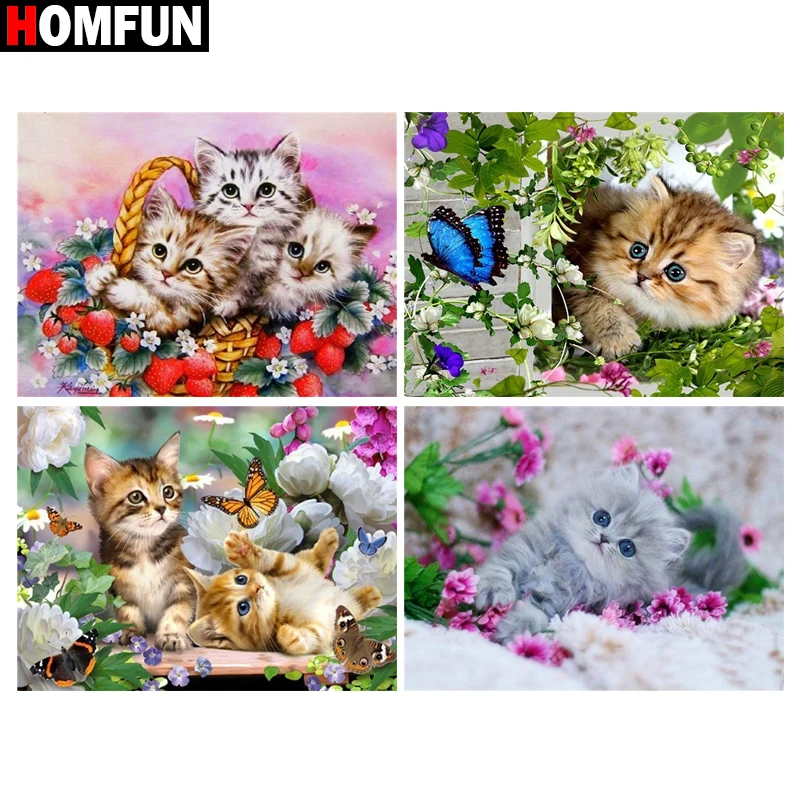

Алмазная живопись HOMFUN, картина «сделай сам» из квадратных/круглых страз, «Кот, цветок», вышивка крестиком, стразы