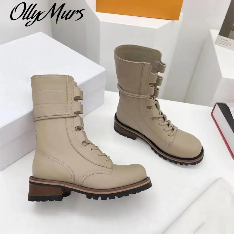 

Ollymurs Mid Calf Boots Women Lace Up Martin Boots Genuine Leather Shoes Chic Boots Shoe Ins Luxury Brand Shoes Ladies