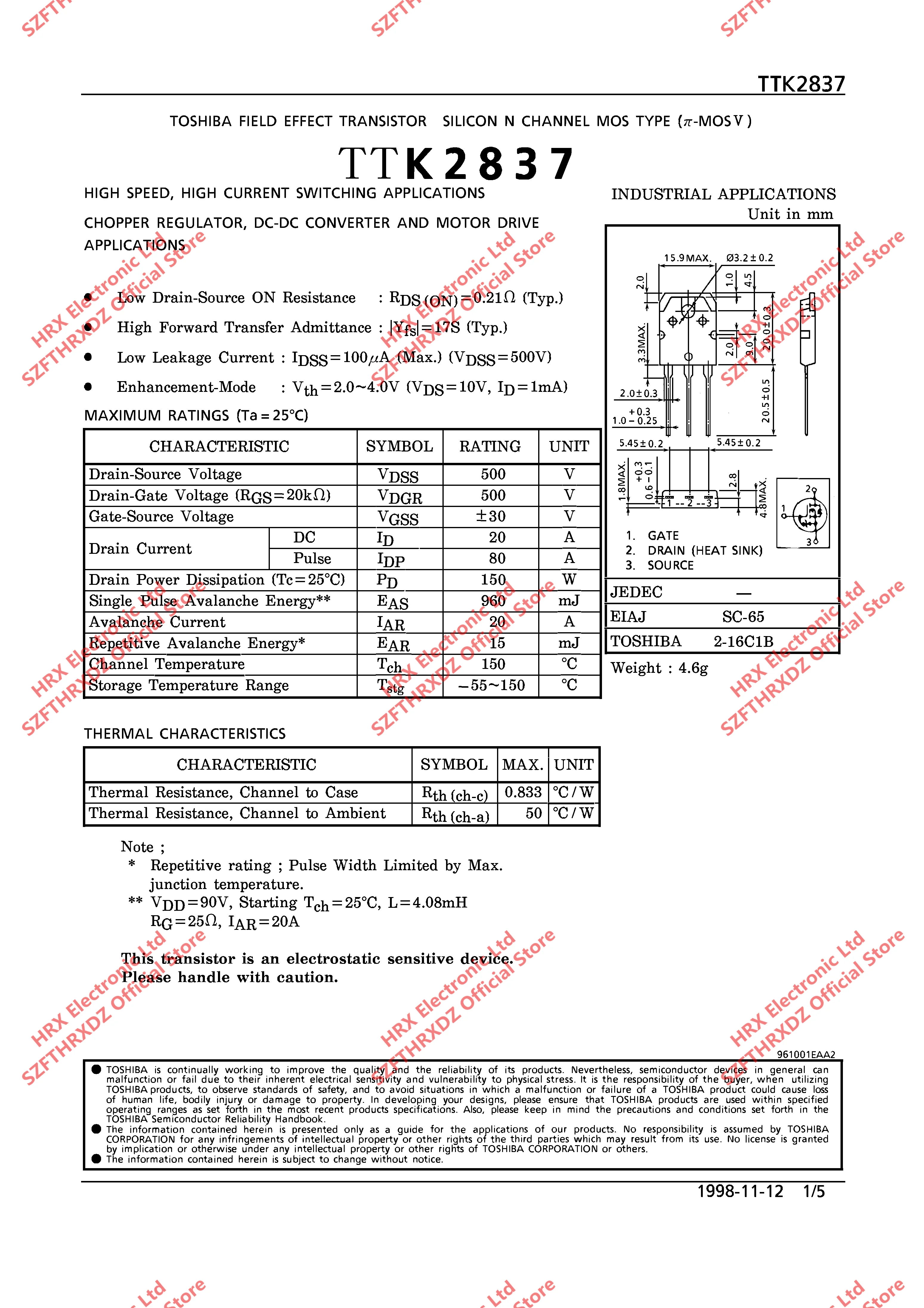 TTK2837 TO-3P K2837 TO3P 2SK2837 500V 20A силиконовый N канал MOS Тип измельчитель регулятор 25 шт./трубка(10 шт