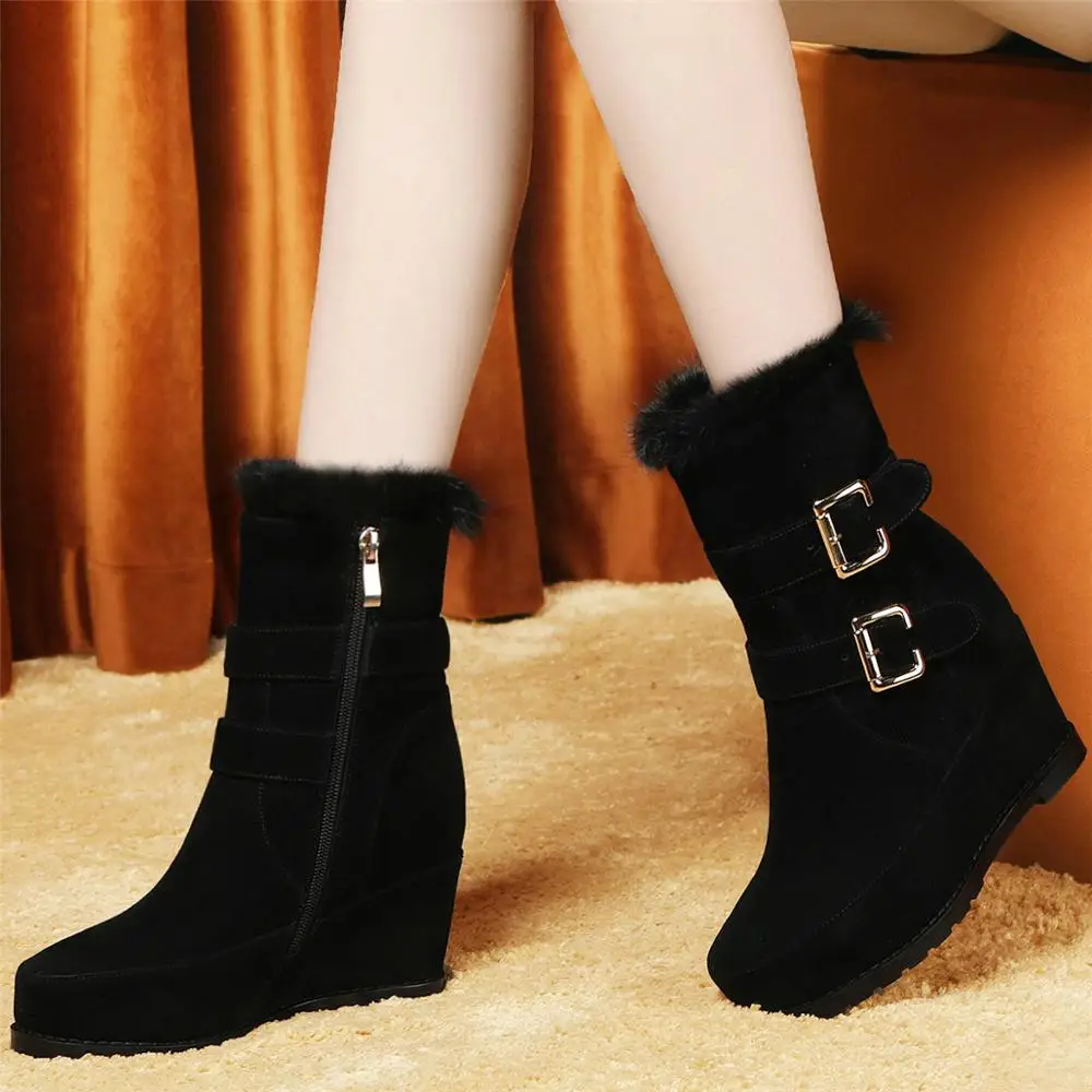 

Winter Casual Shoes Women Genuine Leather Wedges High Heel Motorcycle Boots Female High Top Warm Rabbit Fur Fashion Sneakers