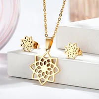 new flower pendant chain necklace earrings dubai bridal wedding jewelry set woman stainless steel gold fashion jewelry set 2020
