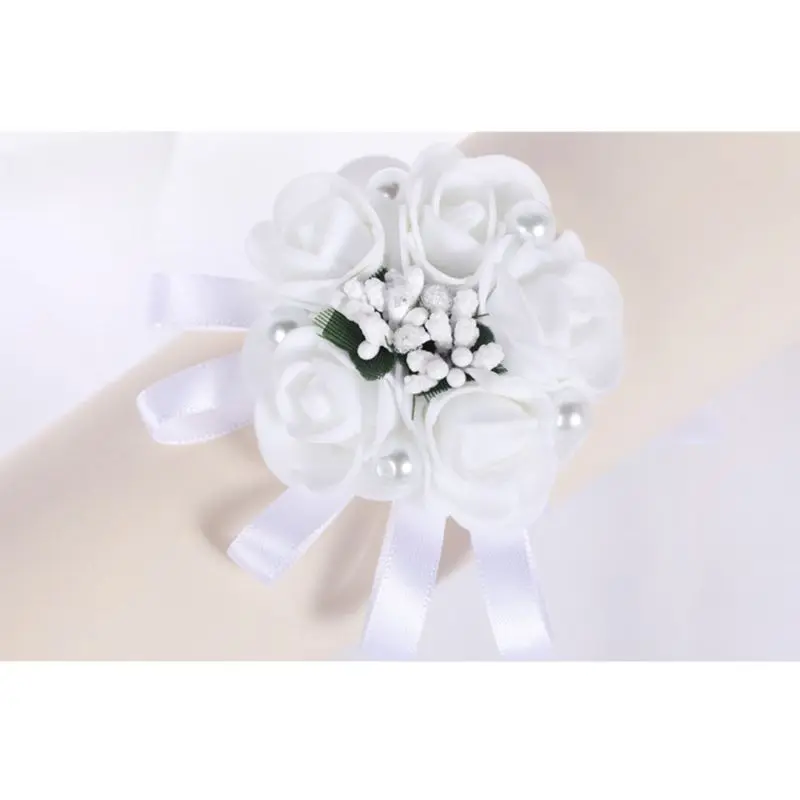 

Women Bridesmaid Girl Wedding White Wrist Corsage Artificial Rose Wrist Flower Imitation Pearl Jewelry Bracelet Prom Party Decor