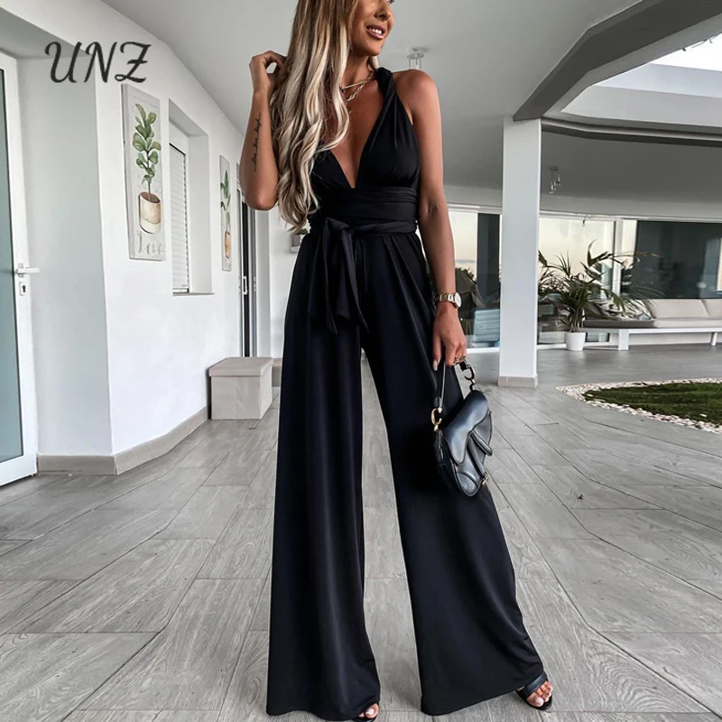 

2021 Summer Female Solid Color Sexy V-Neck Overall Playsuit Sleeveless Backless Jumpsuit With Belt Bandage Outfit Lady Bodysuit