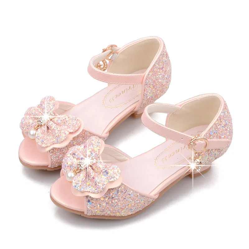 Sandalias de cristal para ni&ntilde;os, calzado elegante de tac&oacute;n alto con lazo brillante, para fiesta de boda, 2022-1
