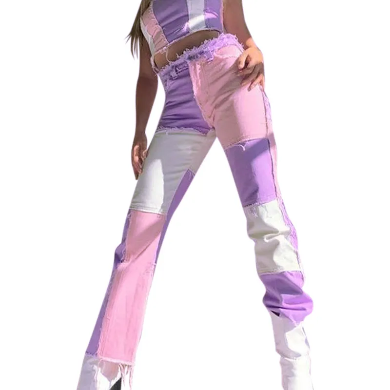 

Women Stitching Contrast Jeans Pants Spring Stylish Trendy Casual Slim Trousers